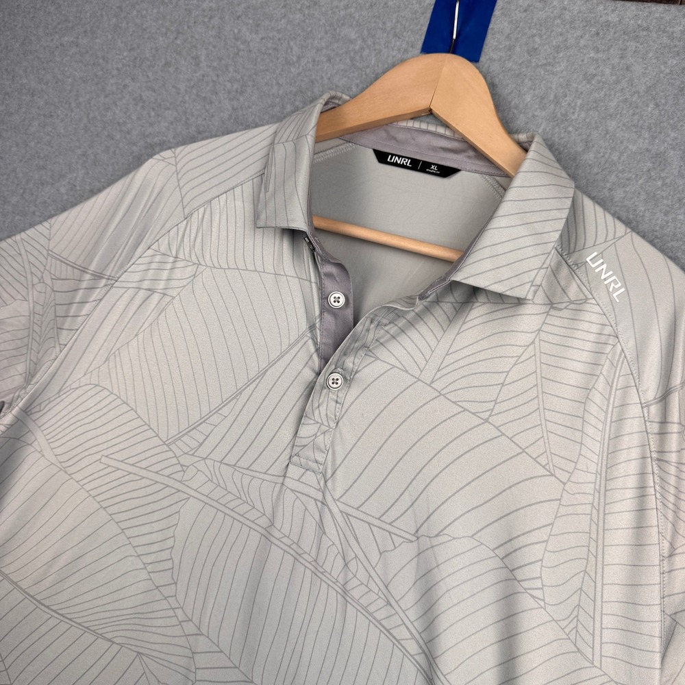 UNRL Polo Shirt Mens XL Gray Botanical Leaf Print Athletic Golf Performance